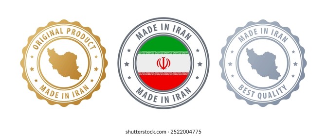 Made in Iran - Reihe von Marken mit Karte und Flagge. Beste Qualität. Originalprodukt. Vektorgrafik