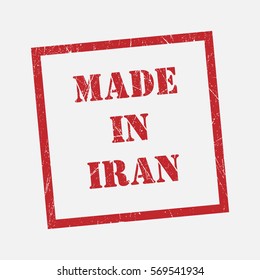 made in Iran text rubber seal stamp watermark. Caption inside rounded rectangular banner with grunge design and dirty texture. Slanted vector ink sticker on paper background.