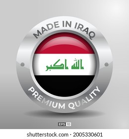 Made in Iraq Label, Logo, Stamp Round Flag of Nation mit 3D Silver Glossy Effect
