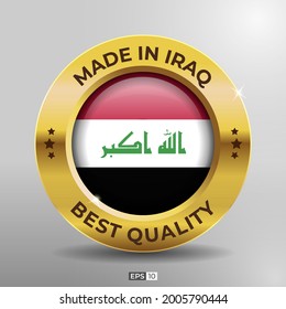 Made in Iraq Label, Logo, Stamp Best Quality Round Flag of Nation with 3D Elegant Gold Glossy Effect
