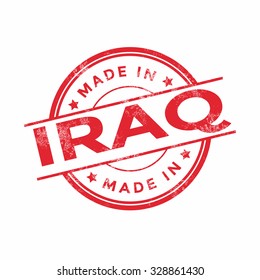 Made in Iraq red vector graphic. Round rubber stamp isolated on white background. With vintage texture.