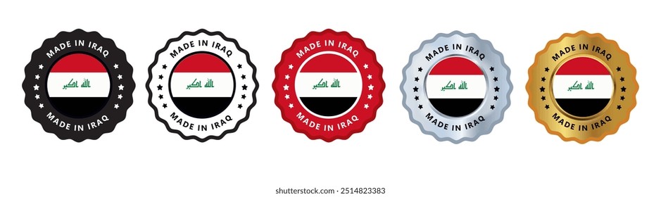 Made in iraq set of sign stamp badge, with varian color red, silver, gold, black suitable for products manufactured, military, agriculture or food vector illustration eps editable text