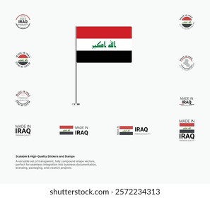 Made in Iraq Stamps, Flag, Tags, labels, Seals, Icons. Creative Designs for Branding and Packaging