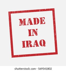 made in Iraq text rubber seal stamp watermark. Caption inside rounded rectangular banner with grunge design and dirty texture. Slanted vector ink sticker on paper background.