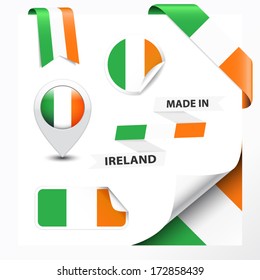 Made in Ireland collection of ribbon, label, stickers, pointer, badge, icon and page curl with Irish flag symbol on design element. Vector EPS10 illustration isolated on white background.