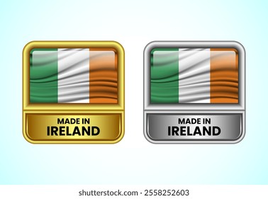 Made in Ireland label icon in gold and silver color. Flag icon set for business