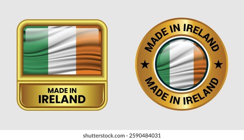 Made in Ireland label icon set in gold color, featuring both rectangular and circular designs. Includes the Iceland flag icon, ideal for business and product branding