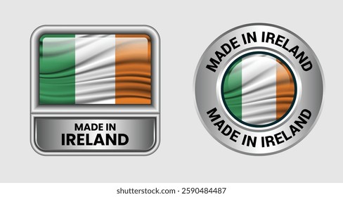 Made in Ireland label icon set in silver color, featuring both rectangular and circular designs. Includes the Ireland flag icon, ideal for business and product branding