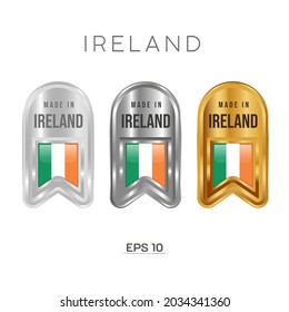 Made in Ireland Label, Stamp, Badge, or Logo. With The National Flag of Ireland. On platinum, gold, and silver colors. Premium and Luxury Emblem