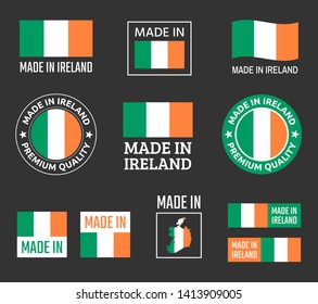 made in Ireland labels set, Republic of Ireland product emblem