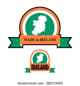 Made in Ireland. logo for product. Map of Eire and Ribbon with colors of Irish flag. Label template for production of
