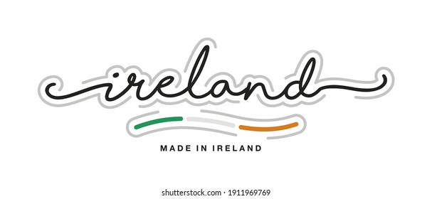 Made in Ireland new modern handwritten typography calligraphic logo sticker Irish flag ribbon banner