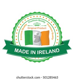 Made in Ireland, Premium quality - business stamp / label / sticker with the national map and Irish flag, suitable for commerce / retail industry. Print colors used