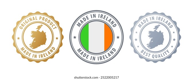 Made in Ireland - set of stamps with map and flag. Best quality. Original product. Vector illustration