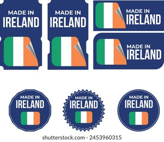 Made in Ireland, vector logos with Ireland flag painted circles and stripe