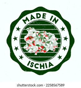 Made In Ischia. Island round stamp. Seal of Ischia with border shape. Vintage badge with circular text and stars. Vector illustration.