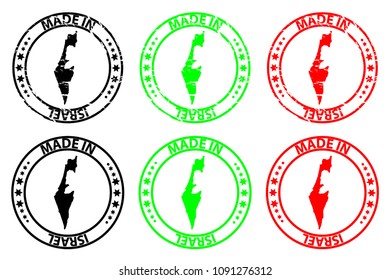 Made in Israel - rubber stamp - vector, State of Israel map pattern - black, green and red