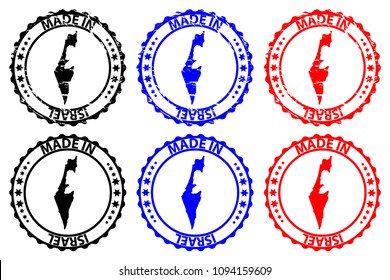 Made in Israel - rubber stamp - vector, State of Israel map pattern - black, blue and red