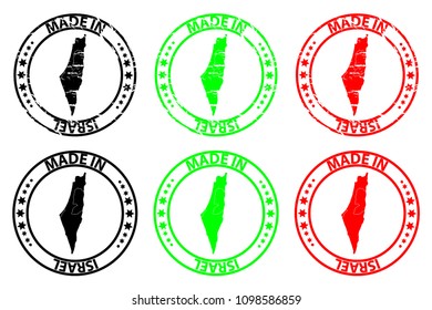 Made in Israel - rubber stamp - vector, State of Israel map pattern - black, green and red
