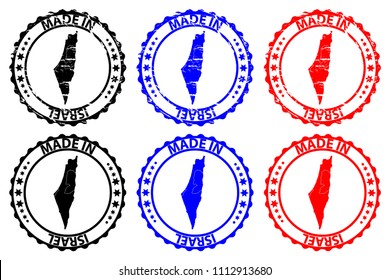 Made in Israel - rubber stamp - vector, State of Israel map pattern - black, blue and red