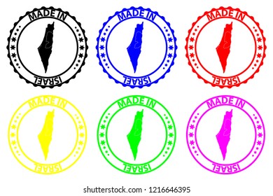 Made in Israel - rubber stamp - vector, State of Israel map pattern - black, blue, green, yellow, purple and red