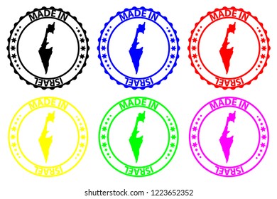 Made in Israel - rubber stamp - vector, State of Israel map pattern - black, blue, green, yellow, purple and red