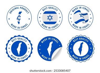 Made in Israel - set of stamps and stickers with map and flag. Best quality. Original product. Vector illustration.