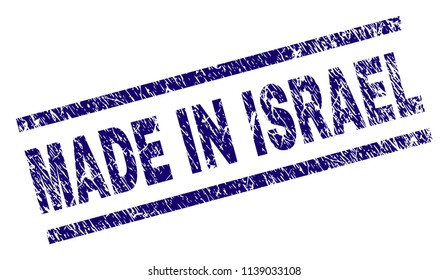 MADE IN ISRAEL stamp seal watermark with distress style. Blue vector rubber print of MADE IN ISRAEL label with dirty texture. Text label is placed between parallel lines.