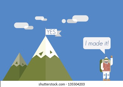 I made it! Mount with Yes flag on the top and man saying I made it! Business success achievement and motivation concept.