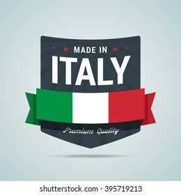 Made in Italy badge. Vector emblem with Italy flag, ribbon and rays. Fully scalable for web or print.