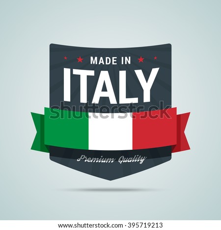 Made in Italy badge. Vector emblem with Italy flag, ribbon and rays. Fully scalable for web or print.