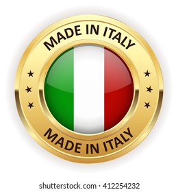 Made in italy button with gold border on white background