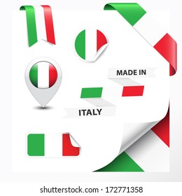 Made in Italy collection of ribbon, label, stickers, pointer, badge, icon and page curl with Italian flag symbol. Vector EPS10 illustration isolated on white background.