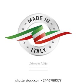 Made in Italy. Italy flag ribbon with circle silver ring seal stamp icon. Italy sign label vector isolated on white background