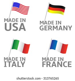 Made in Italy Germany USA France labels. Flag set