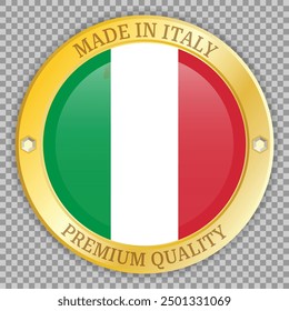 Made in Italy gold badge. Premium quality badge.  Vector badge with shadow underneath. Icon isolated on grid background