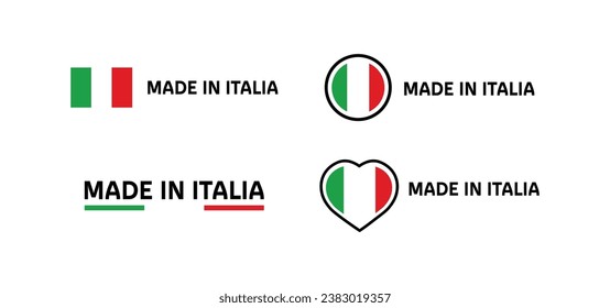 Made in Italy icons. Flat, color, emblems made in Italy, made in Italy flag, heart. Vector icons