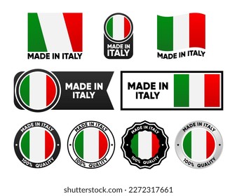 Made in Italy label collection. Set of flat isolated stamp made in Italy. 100 percent quality. Quality assurance concept. Vector illustration.