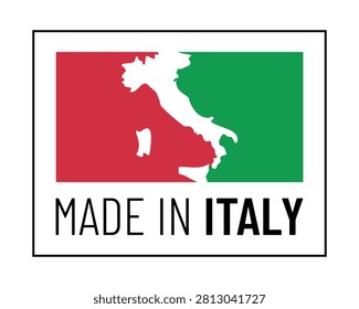 Made in Italy label featuring the map of Italy with iconic green, white, and red national flag colors. Ideal for Italian products, packaging, manufacturing, export, quality certification, authentic goods, branding, and country of origin designs.