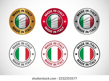 Hecho en Italia icono de etiqueta con bandera. Conjunto de iconos para negocios, insignia, sello, pegatina, logotipo y símbolo