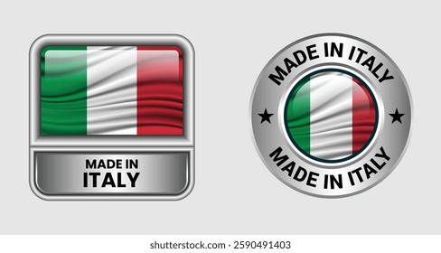 Made in italy label icon set in silver color, featuring both rectangular and circular designs. Includes the italy flag icon, ideal for business and product branding