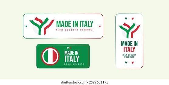 Made in Italy labels with Italian Flag. Symbol of Quality. Perfect for ribbon, label, logo design, tags, badges, emblem, stickers, product package, etc. Vector Illustration. Italian Made.