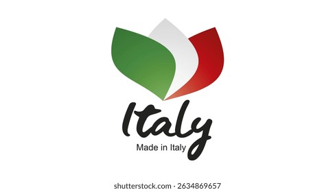 Made in Italy logo, sticker. Abstract Italy flag and ribbon in shape of leaf flower with handwritten typography lettering