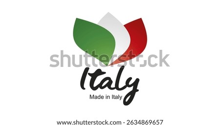 Made in Italy logo, sticker. Abstract Italy flag and ribbon in shape of leaf flower with handwritten typography lettering