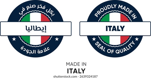 Made in Italy. Premium labels English and Arabic, stickers, pointer, badge and symbol of Italy flag icon. Collection vector illustration