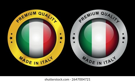 Made in Italy premium quality round badges with metallic gold and silver effect and flag inside circular design	
