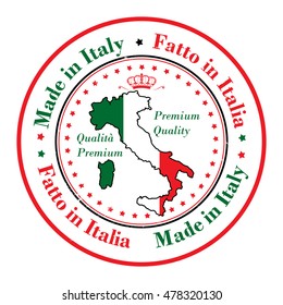 Made in Italy, Premium Quality (text written Italian language - Fatto in Italia) grunge stamp with the map and the national flag colors. Print colors (CMYK) used.
