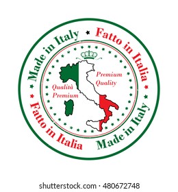 Made in Italy, Premium Quality (text written Italian language) grunge stamp with the map and the national flag colors. Print colors (CMYK) used.