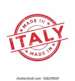 Made in Italy red vector graphic. Round rubber stamp isolated on white background. With vintage texture.