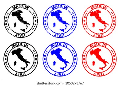 Hecho en Italia - sello de goma - Vector, Italia mapa patrón - negro, azul y rojo